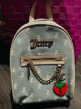Juicy Couture Light Blue Mini Backpack with Gold Hardware and Strawberry Charm